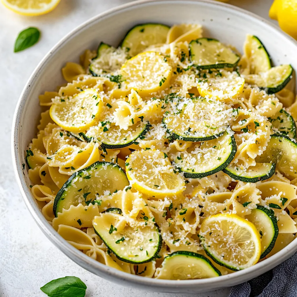 Un plato de pasta con calabacín y limón.