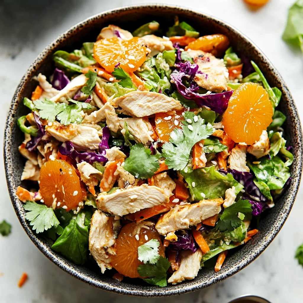 Un bol de ensalada de pollo con trozos de naranja.