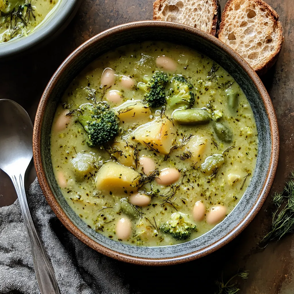 Un plato de sopa con brócoli y alubias.