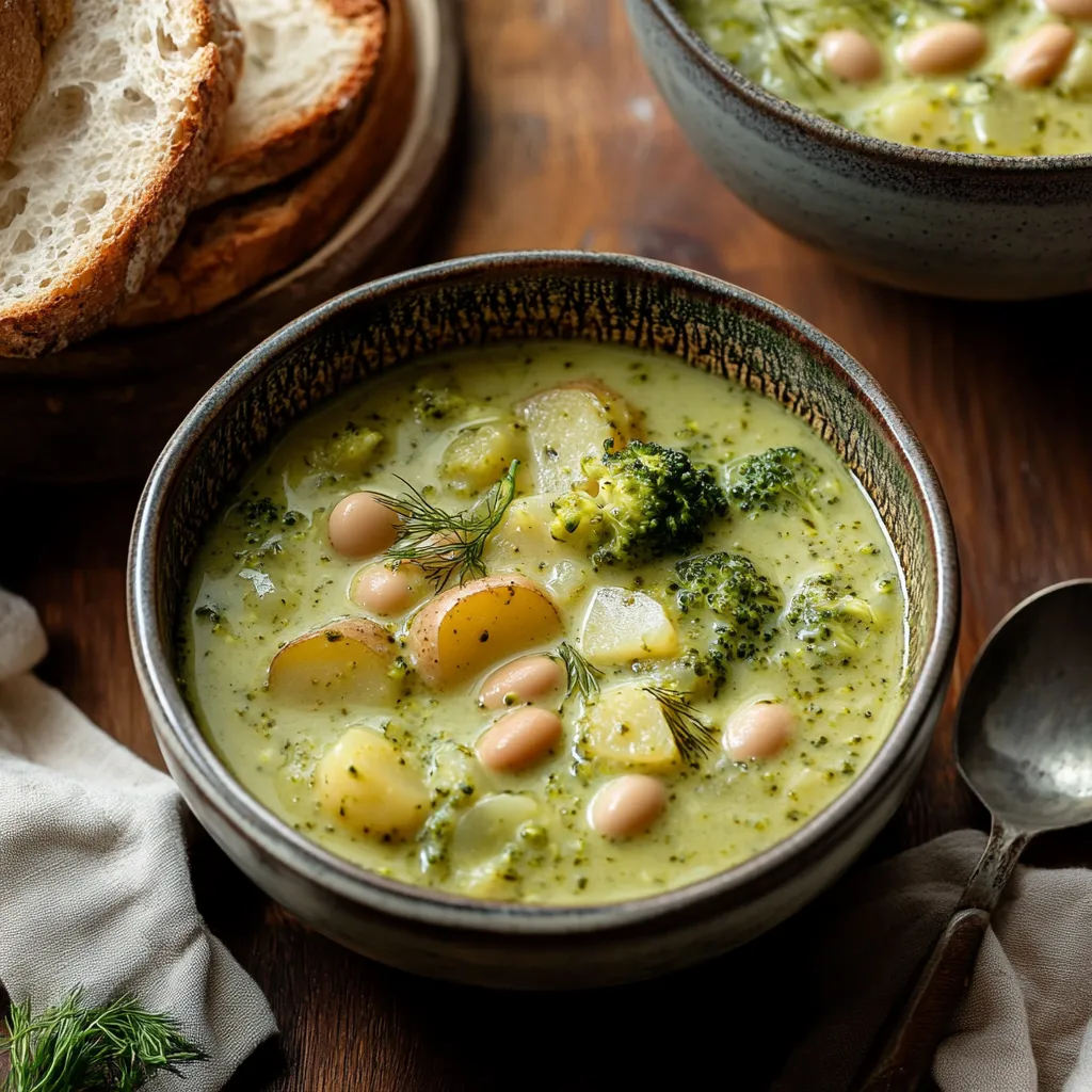 Un plato hondo con sopa de brócoli y alubias.