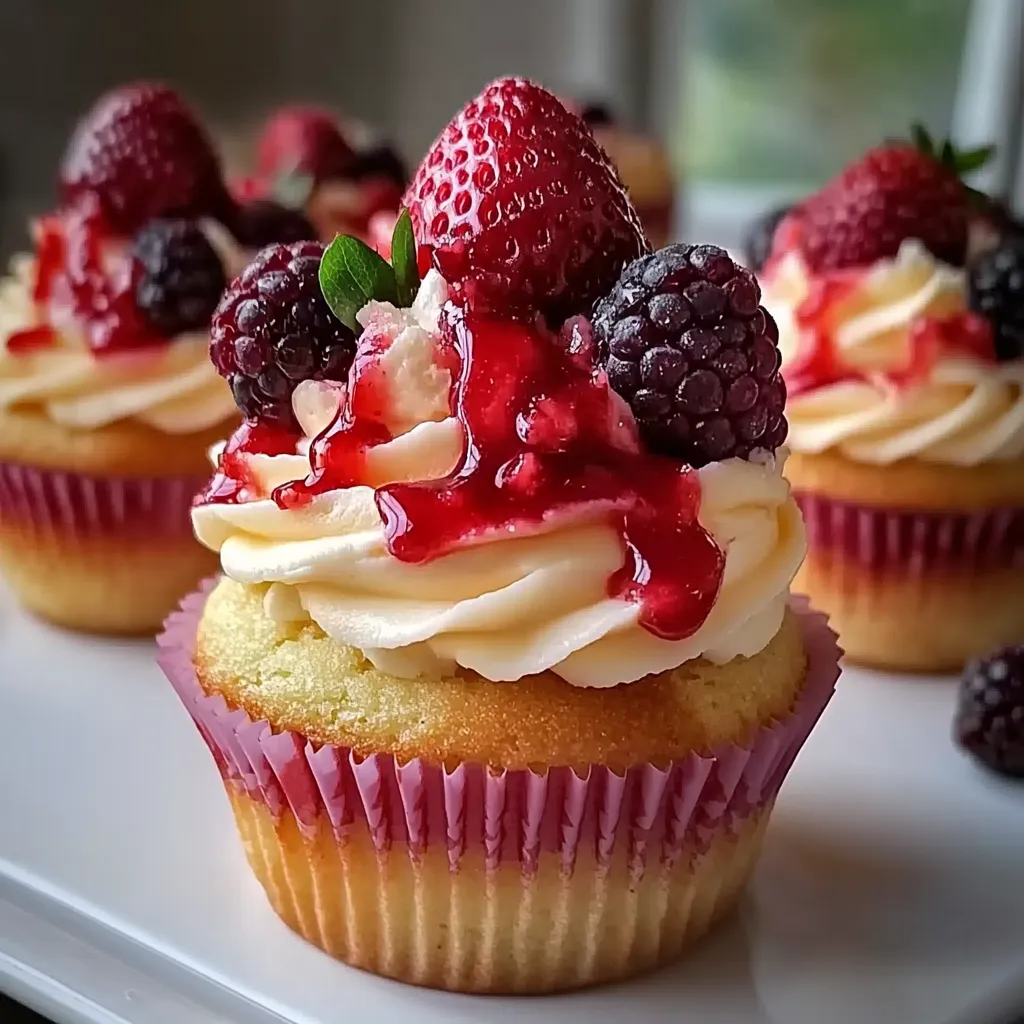 Un cupcake con fresas y crema batida.