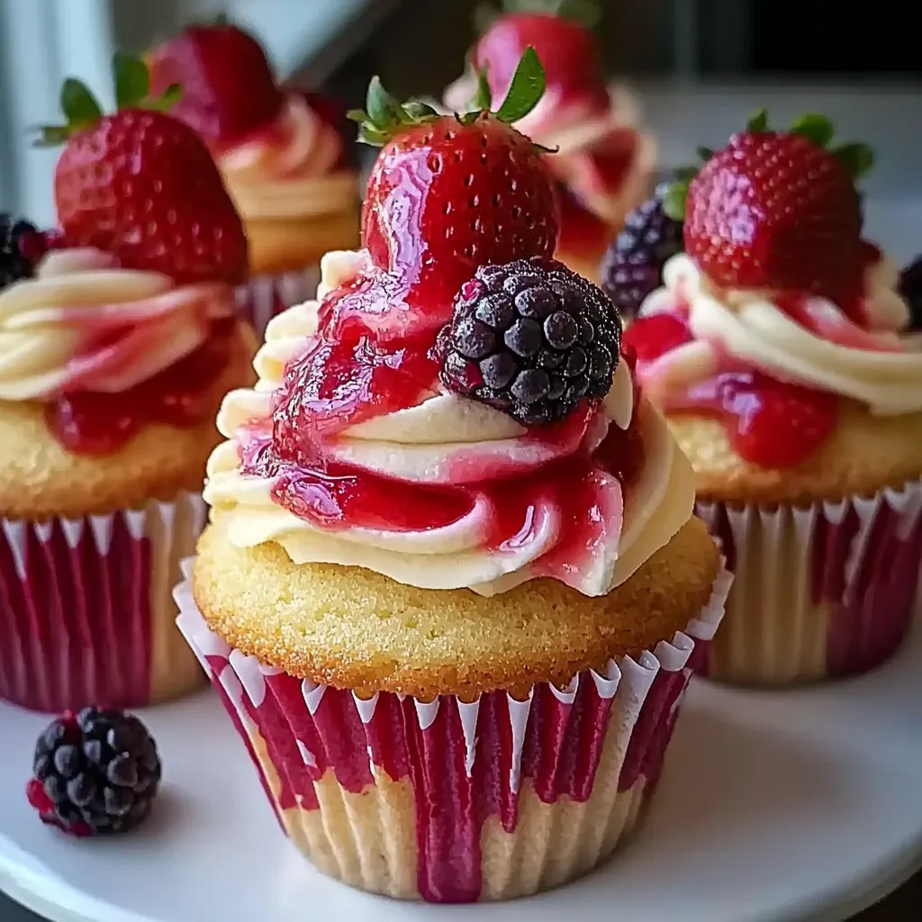 Un pastelito con fresas y frambuesas por encima.