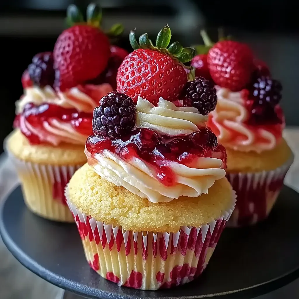 Dos pastelitos con fresas y frambuesas arriba.