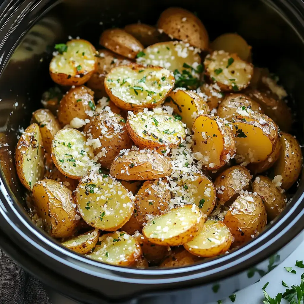 Un primer plano de papitas asadas en rodajas cubiertas con hierbas y queso en un tazón.