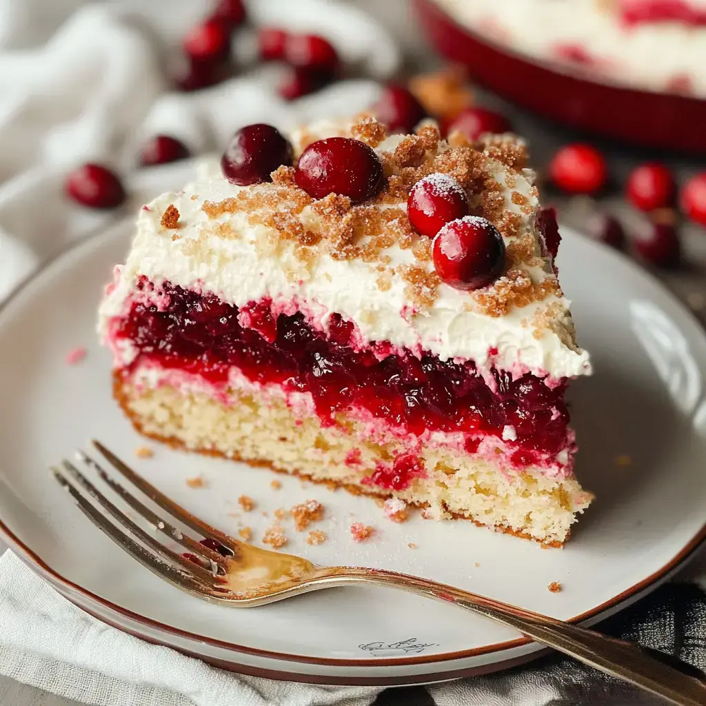 Una porción de pastel de arándanos en capas cubierto con crema batida, arándanos y un topping desmenuzable, servido en un plato con tenedor.