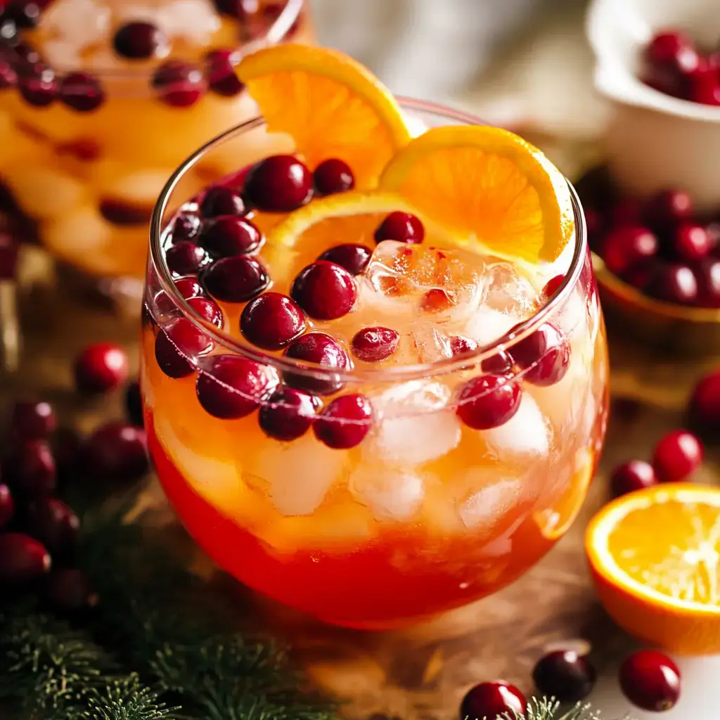 Dos bebidas llenas de hielo, decoradas con rodajas de naranja y arándanos, sobre un fondo de madera con arándanos adicionales y gajos de naranja cerca.