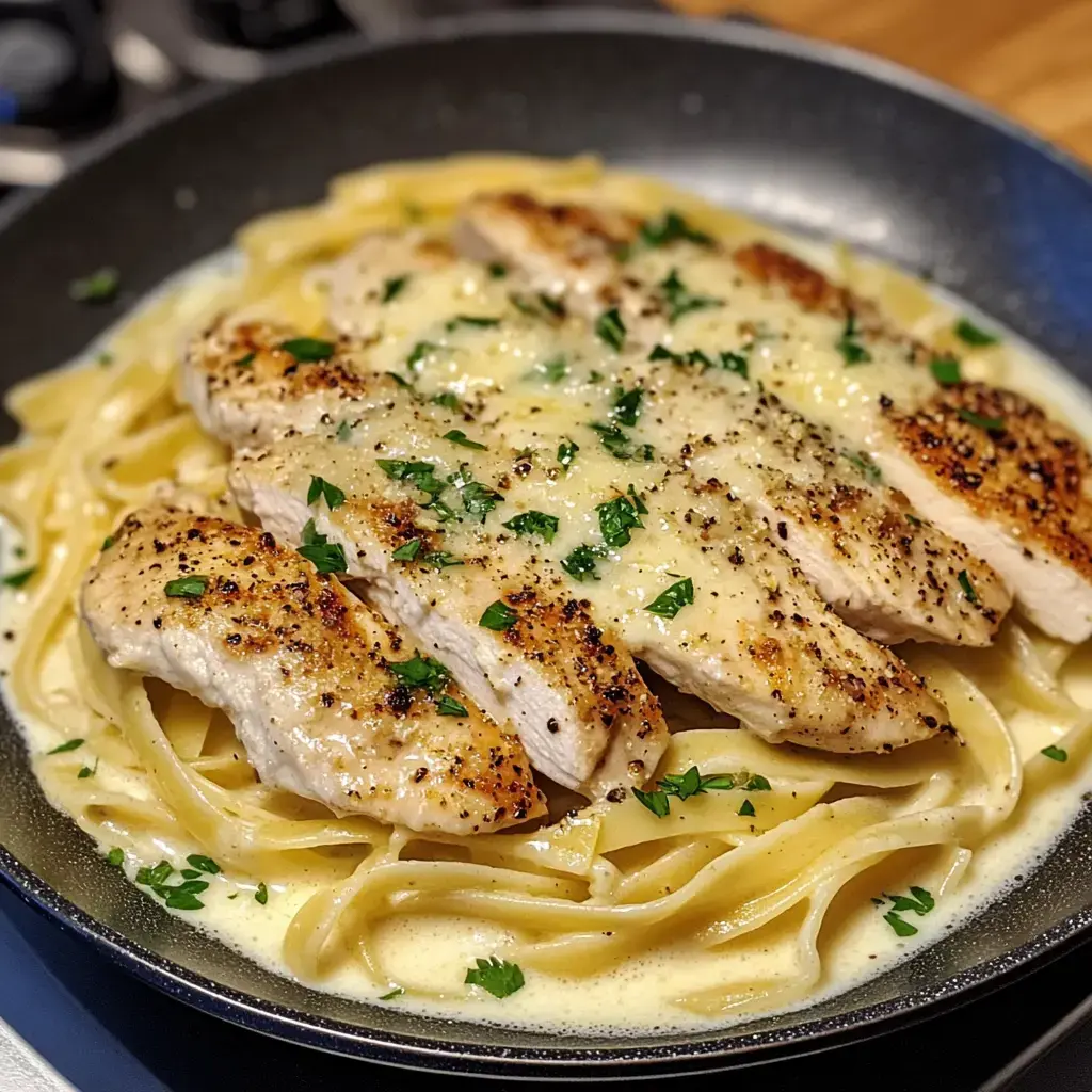 Un plato de fettuccine con pollo a la parrilla y salsa cremosa, decorado con perejil.