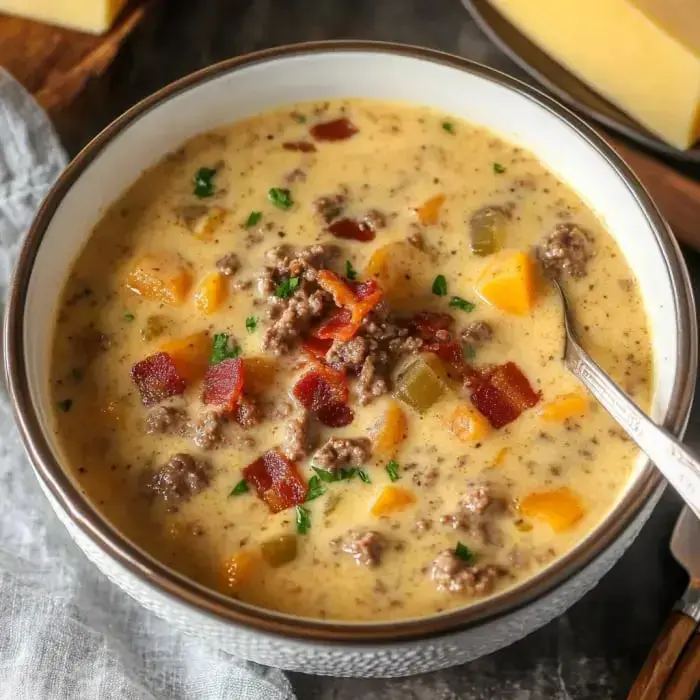 Un tazón de sopa cremosa con carne molida, verduras picadas y trocitos de tocino, decorada con perejil.