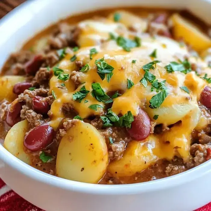 Un tazón de guiso sustancioso con carne molida, frijoles, patatas y queso derretido, decorado con perejil fresco.