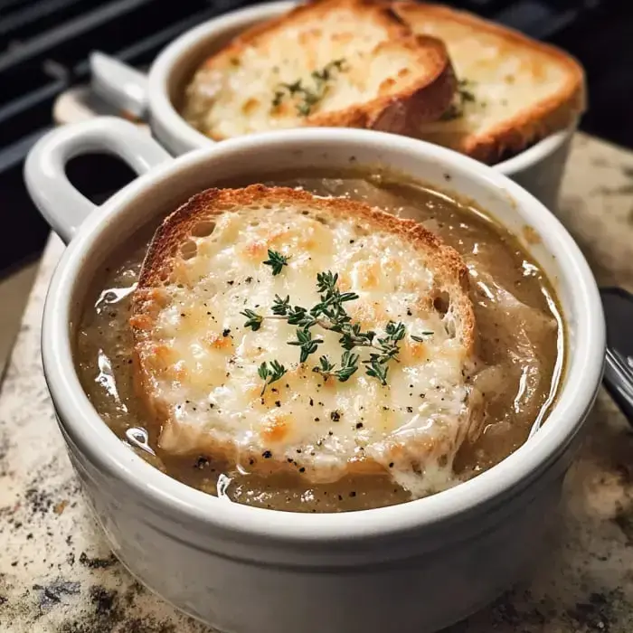 Un tazón de sopa de cebolla francesa con una rebanada de pan tostado y queso derretido, adornada con tomillo fresco.