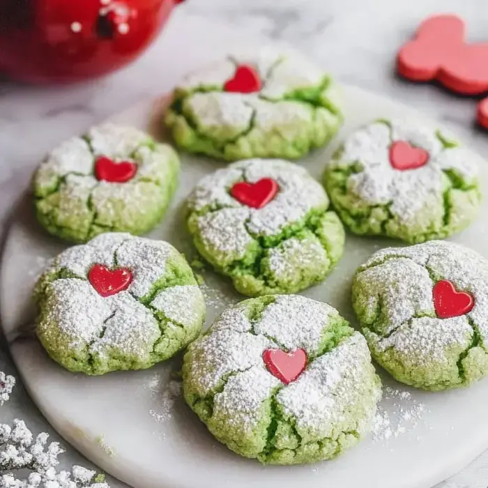 Un plato de galletas verdes vibrantes cubiertas de azúcar glas, cada una decorada con un pequeño caramelo rojo en forma de corazón.
