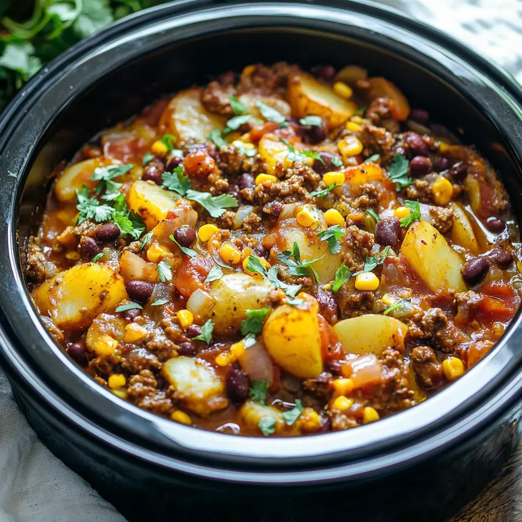 Un estofado espeso con carne molida, papas cortadas en dados, frijoles, maíz y hierbas picadas, servido en un cuenco negro.
