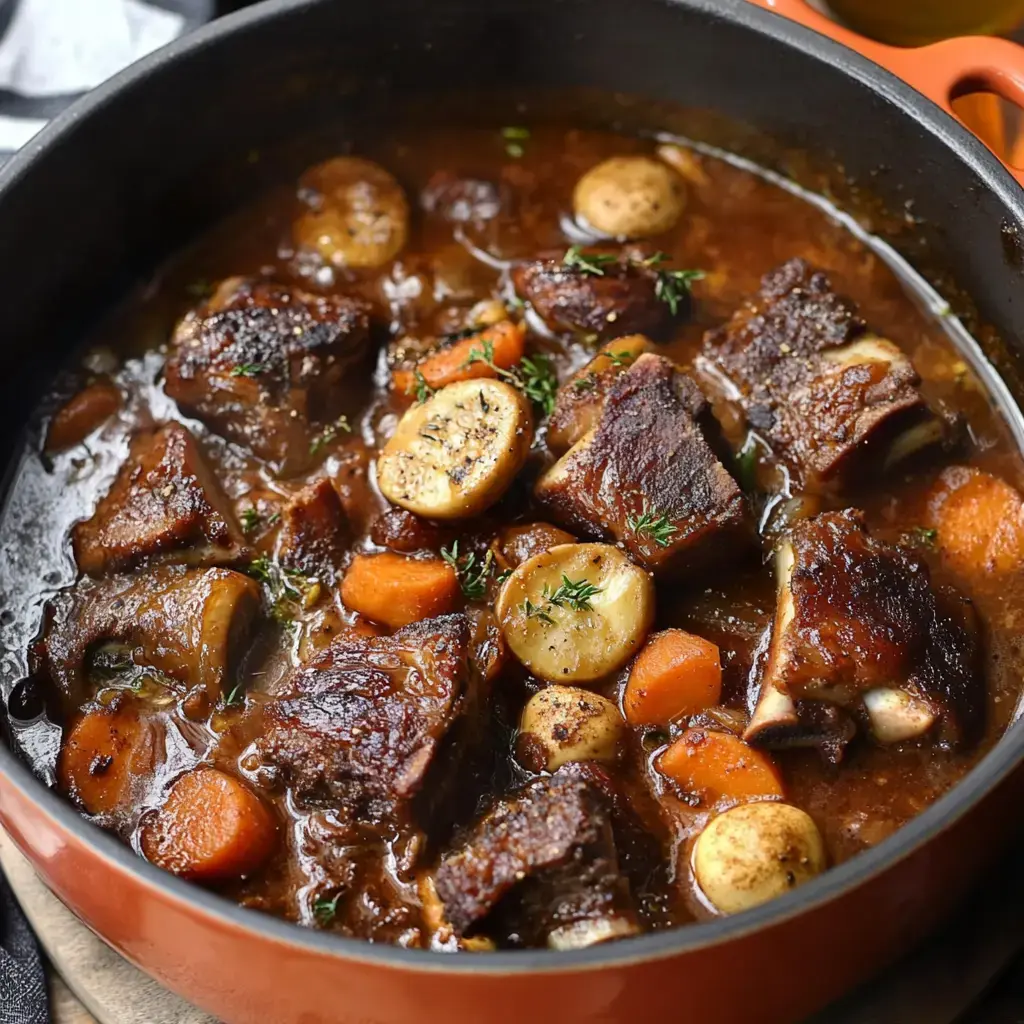 Un plato de carne cocida con zanahorias, papas y salsa espesa, adornado con tomillo fresco.