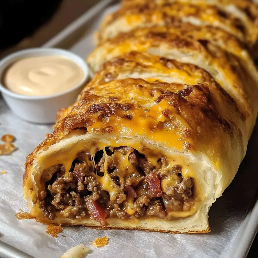 Un rollo de pan recién horneado relleno de carne y queso, rebanado y acompañado por un pequeño tazón de salsa.