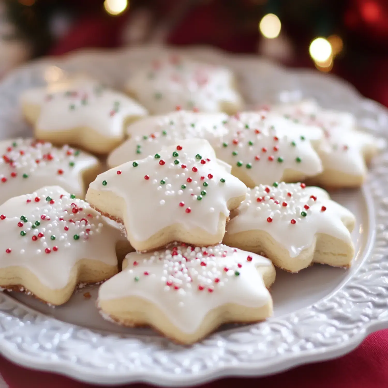 Un plato con galletas en forma de estrella decoradas con glaseado blanco y chispas rojas y verdes.