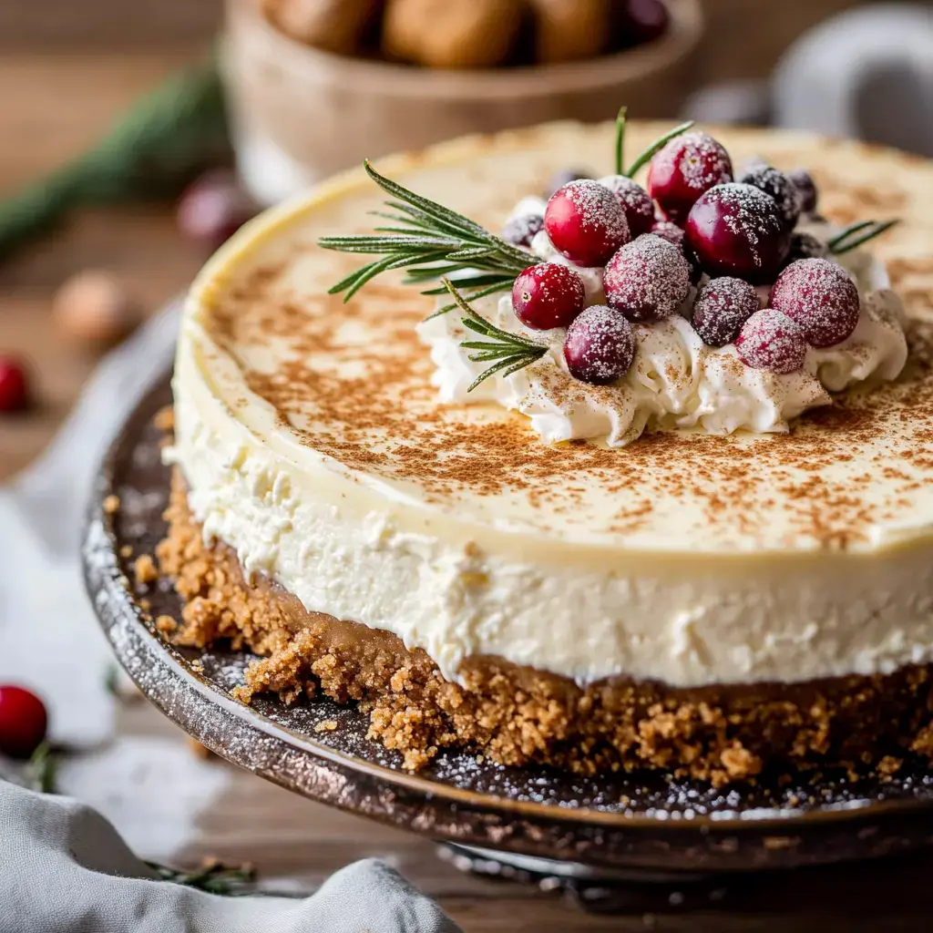Un cheesecake decorado con crema batida, arándanos frescos y romero, sobre una mesa de madera rústica.