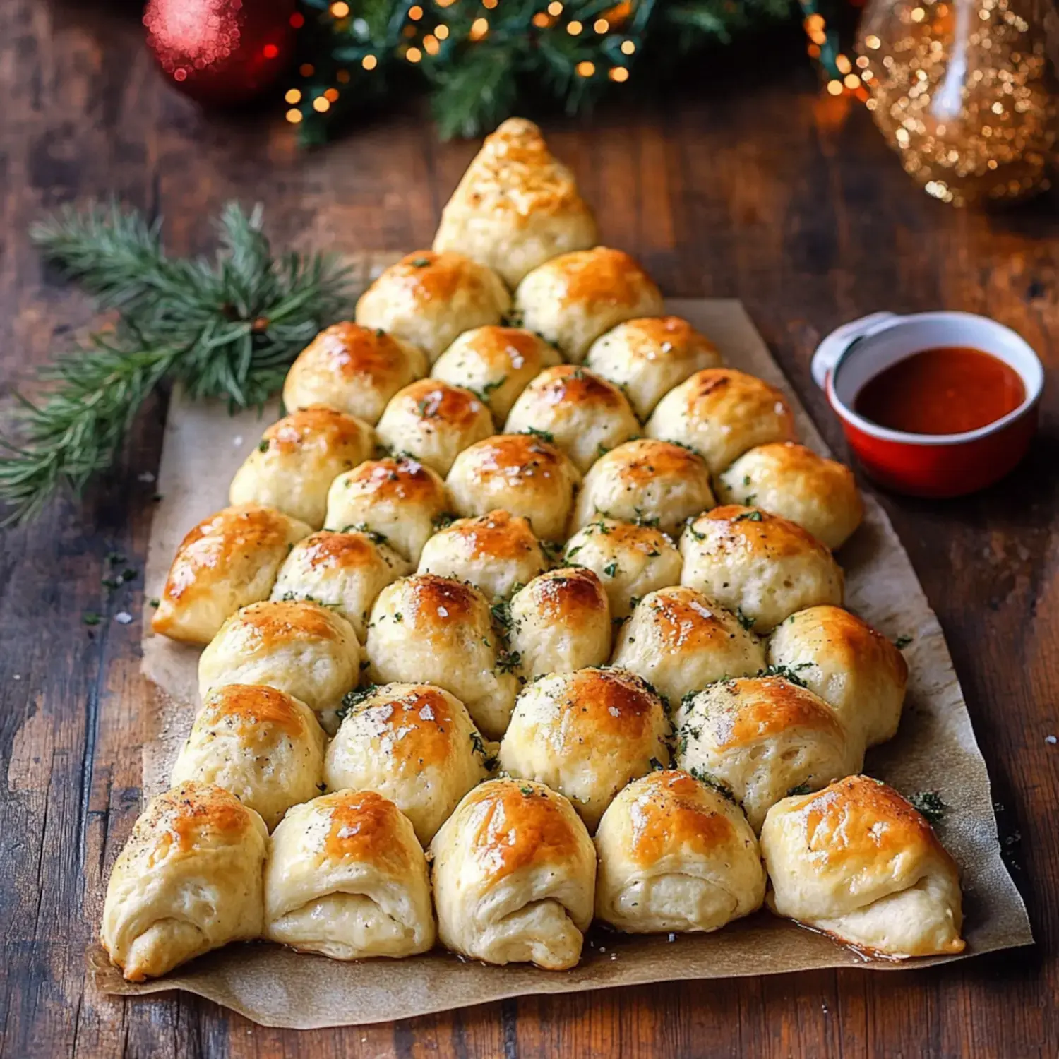 Un arreglo festivo de bollos dorados con forma de árbol de Navidad, decorado con hierbas y acompañado de una pequeña salsa para mojar.