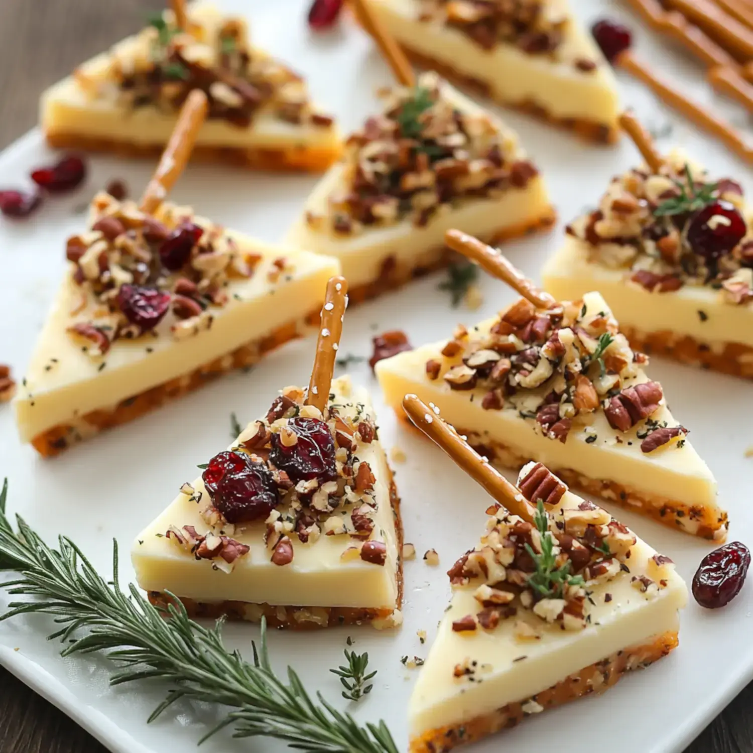 Un plato con porciones triangulares decoradas con nueces picadas, arándanos y palitos de pretzel, adornados con hierbas frescas.