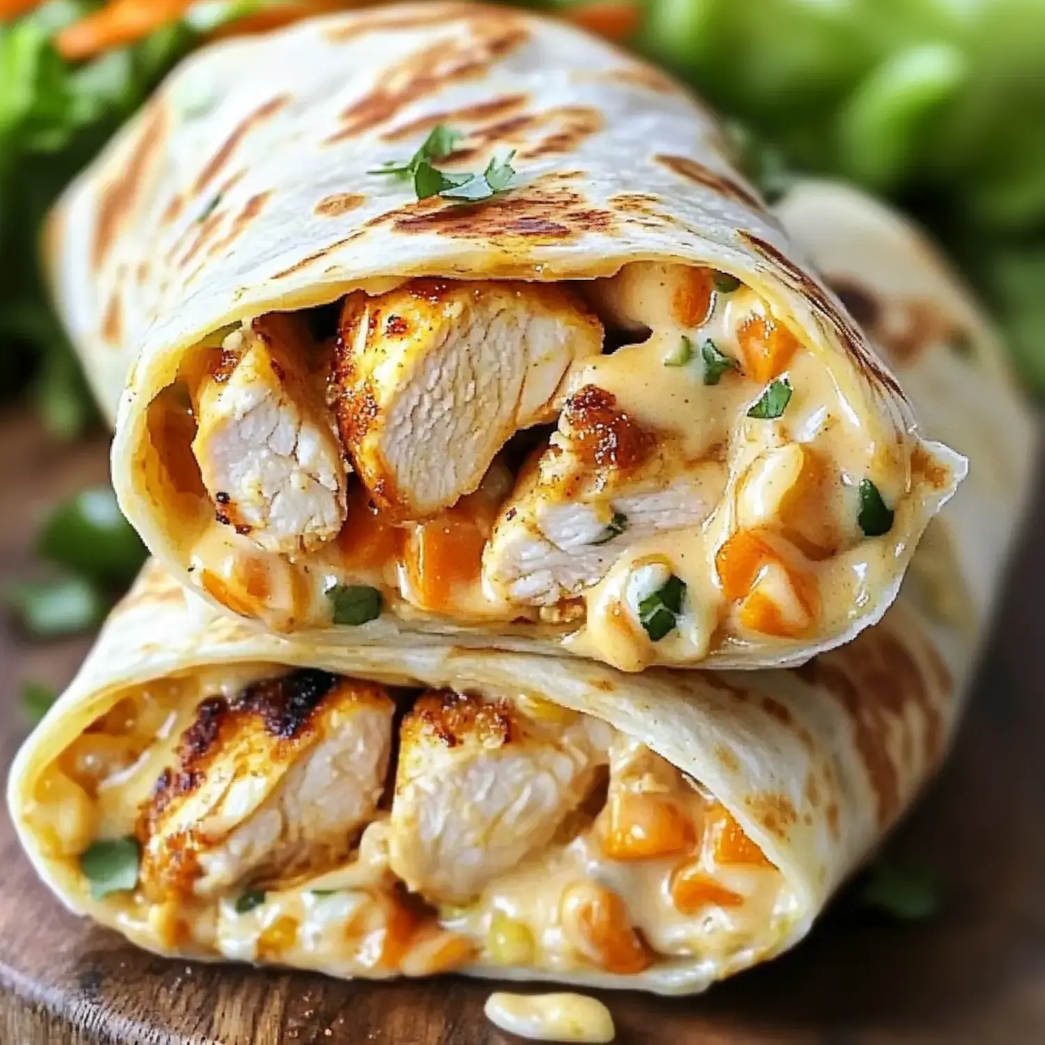 Un acercamiento a dos wraps de pollo dorados, rellenos con una salsa cremosa y maíz, decorados con hierbas sobre una tabla de madera.