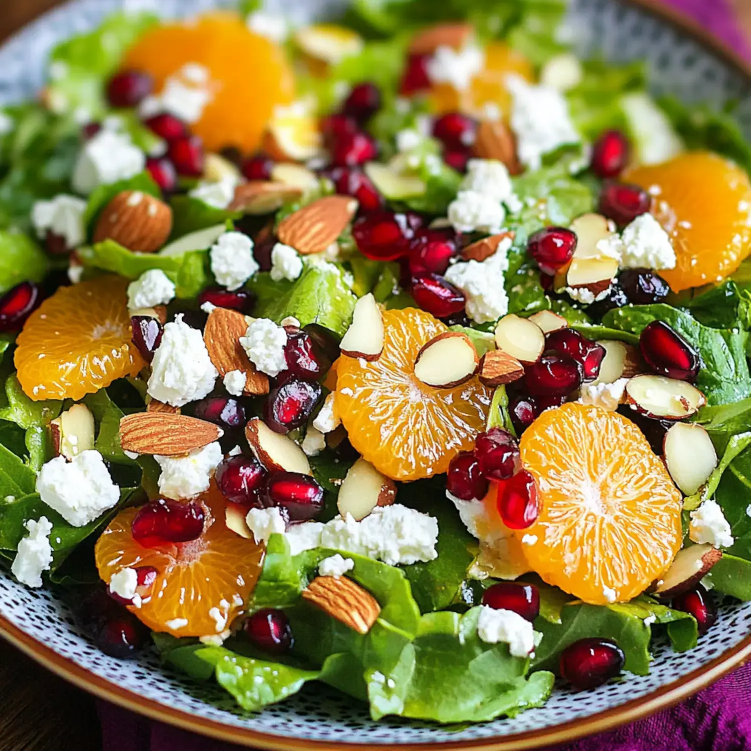 Un plato colorido con hojas verdes, mandarinas, semillas de granada, almendras laminadas y queso feta.