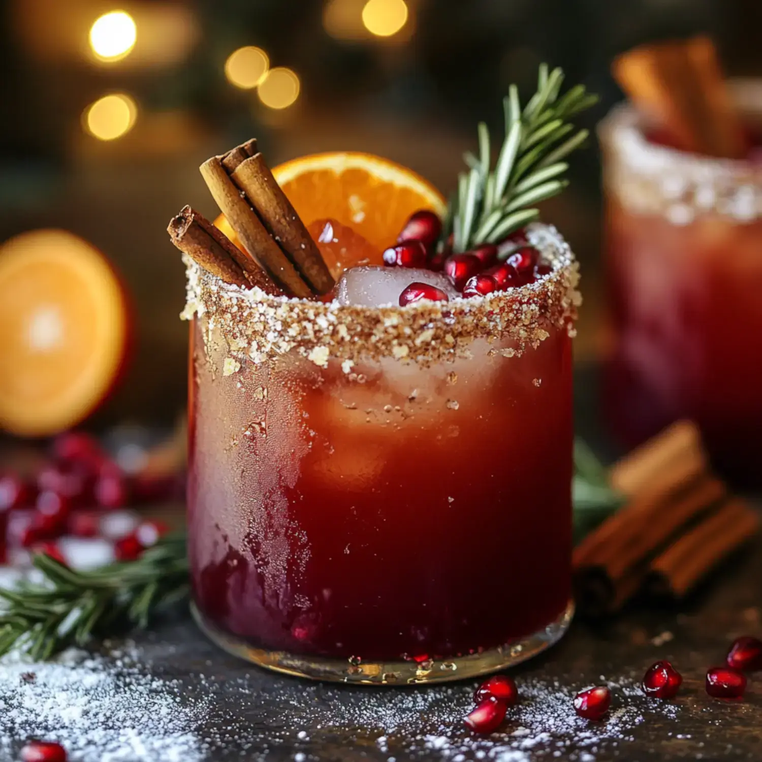 Un coctel festivo adornado con ramas de canela, rodajas de naranja y granada, servido en un vaso con borde azucarado.