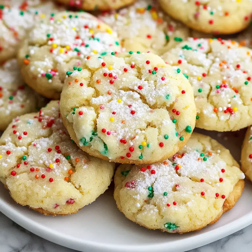 Un plato lleno de galletas recién horneadas con chispas de colores y cubiertas de azúcar glass.