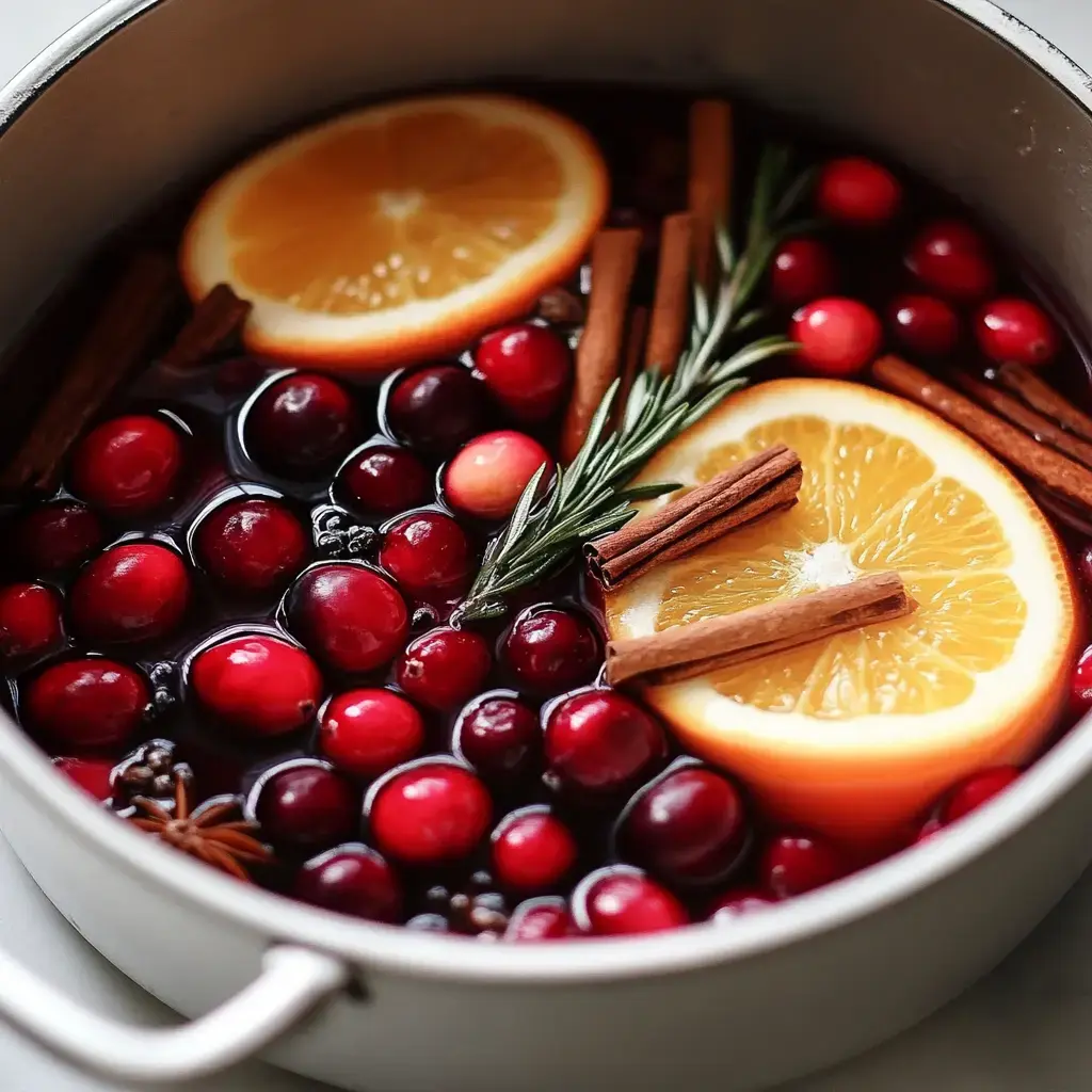 Una olla con una mezcla de arándanos, rodajas de naranja, ramas de canela y romero en un líquido oscuro.