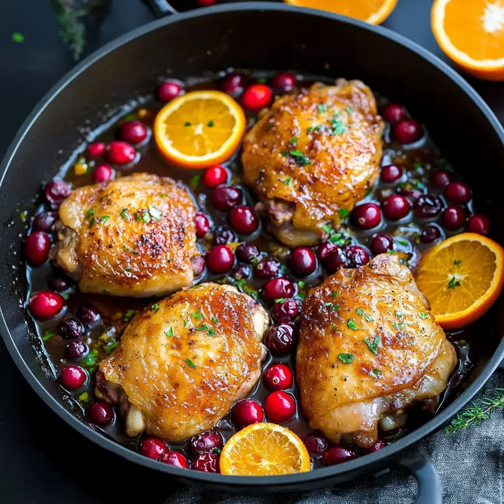 Sartén con muslos de pollo dorados, rodeados de arándanos frescos y rodajas de naranja, decorado con hierbas y una salsa deliciosa.