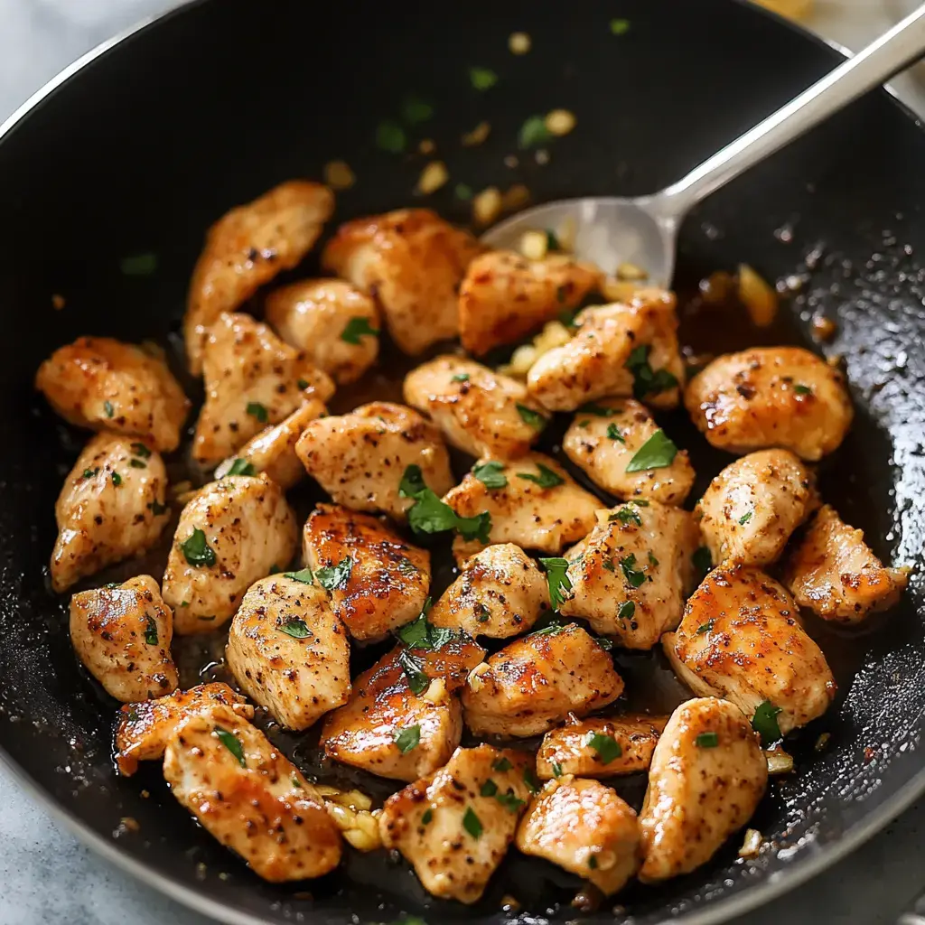 Una sartén con trozos de pollo salteados decorados con perejil picado.
