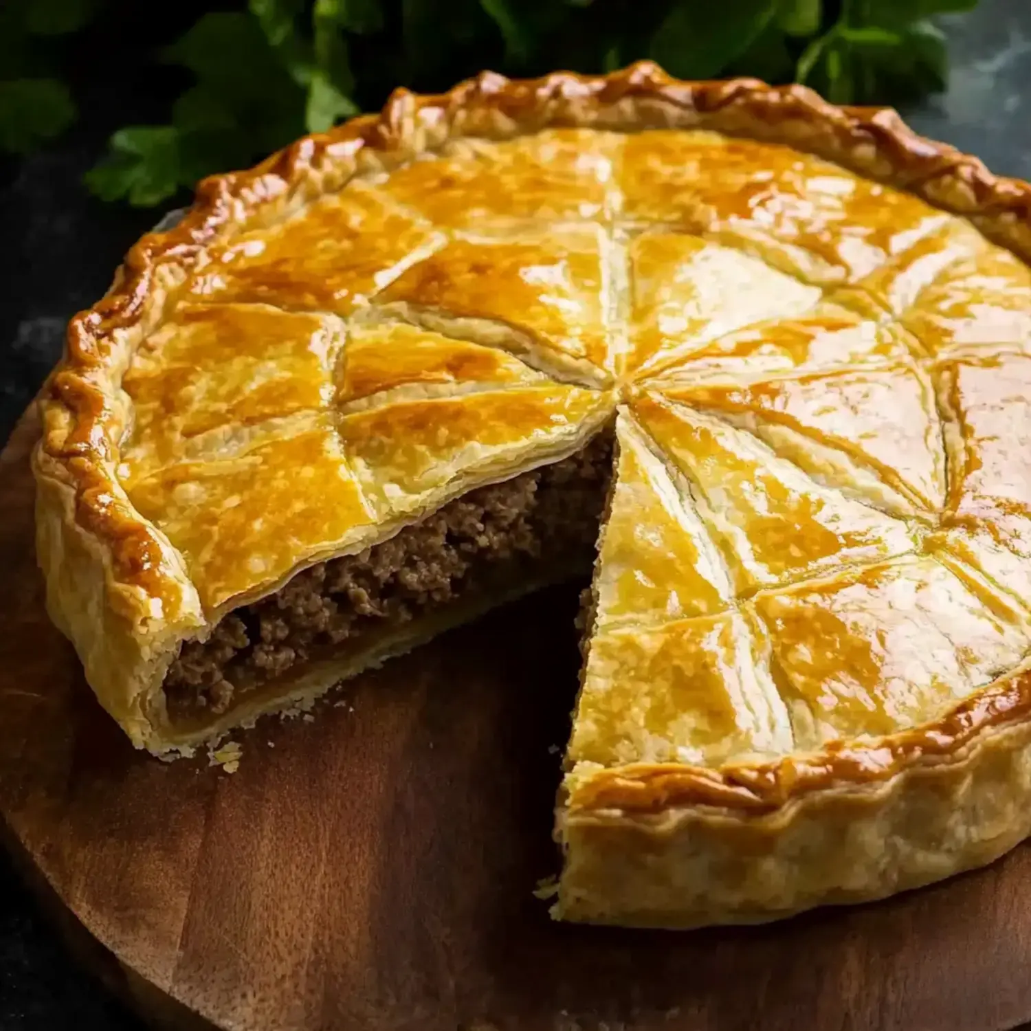 Un pastel dorado con un corte que revela un relleno sazonado, colocado sobre una tabla de madera.