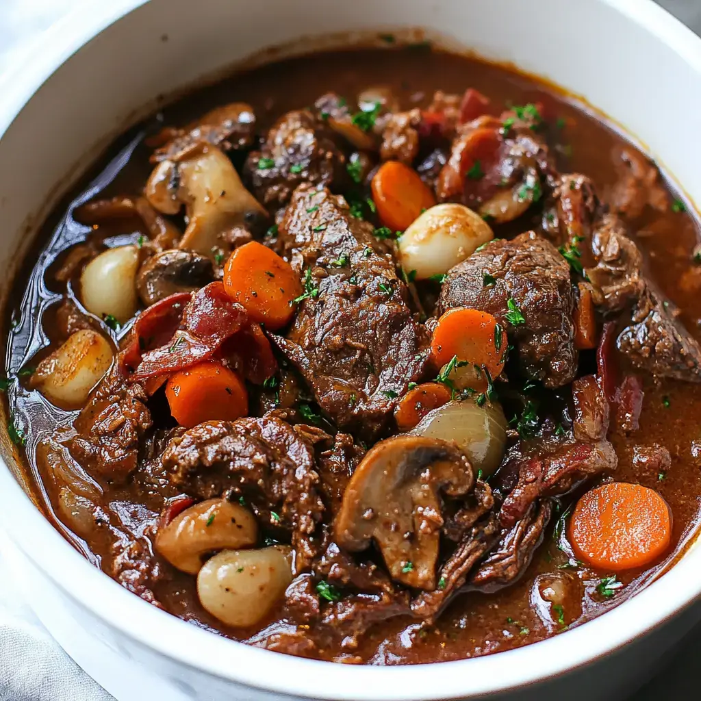 Un cuenco blanco lleno de guiso de carne con trozos, zanahorias, cebollitas, champiñones y decorado con perejil fresco.