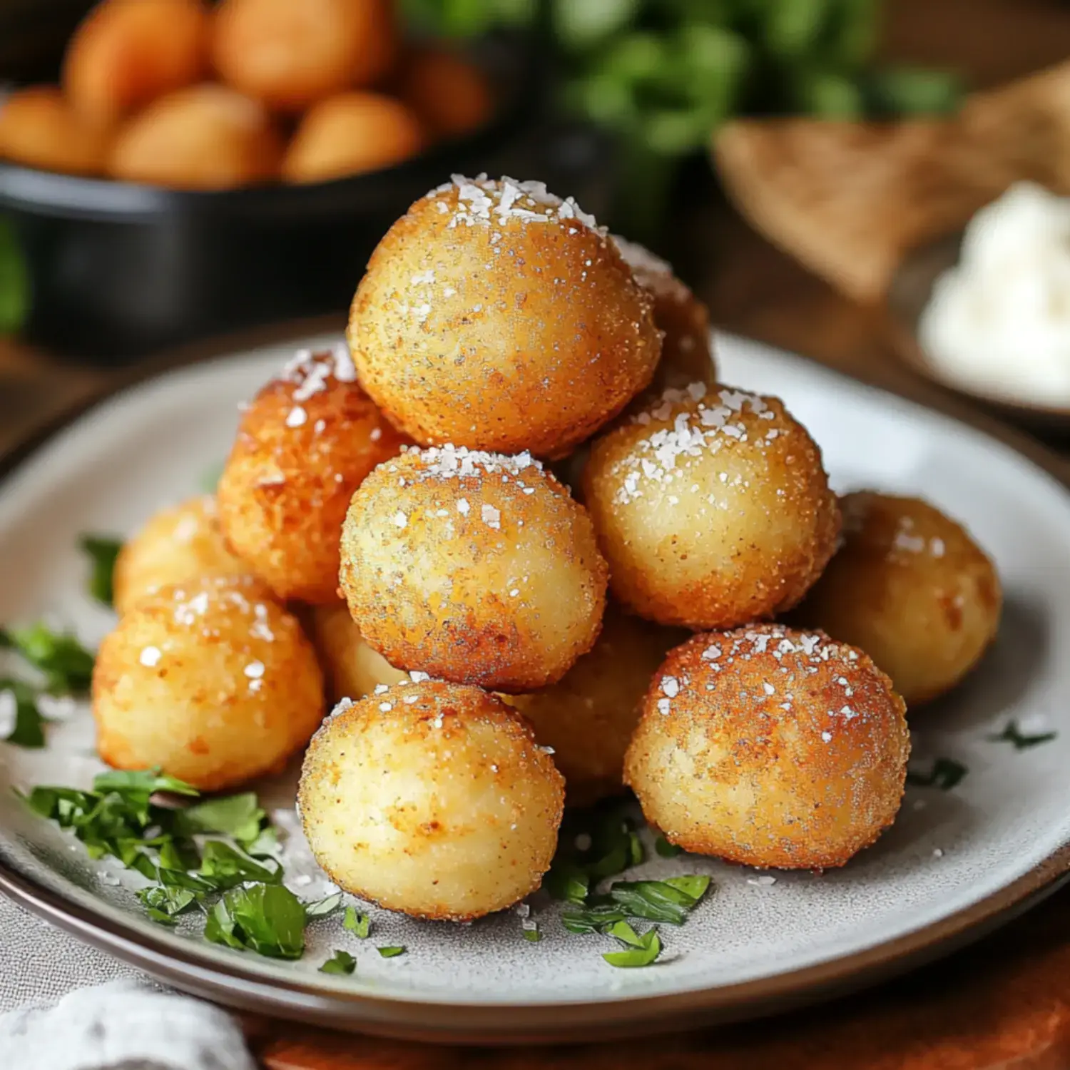 Un plato lleno de bolitas de masa doradas y crujientes, adornadas con sal y rodeadas de hierbas frescas.