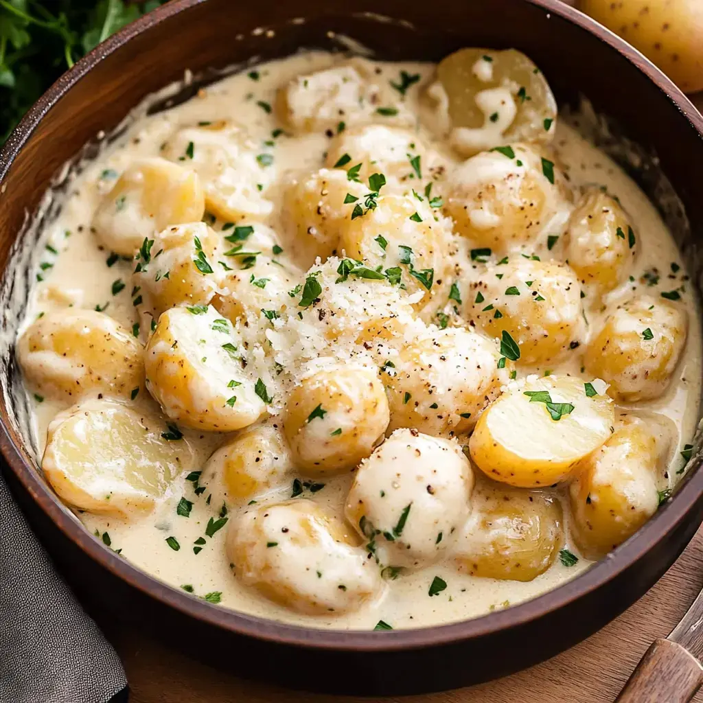 Un plato de papas bañadas en salsa cremosa, decorado con perejil picado y queso rallado.