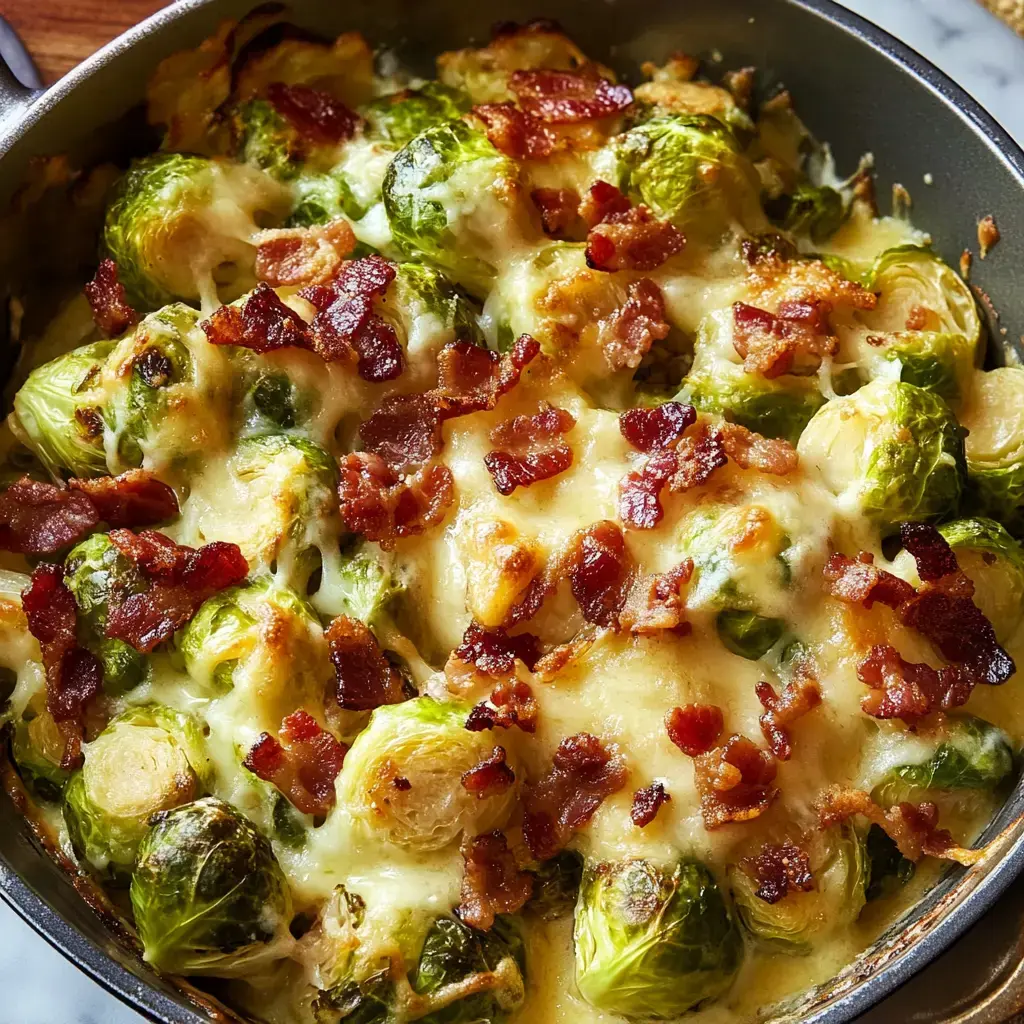 Detalle de un plato al horno con coles de Bruselas cubiertas de queso derretido y tocino crujiente.