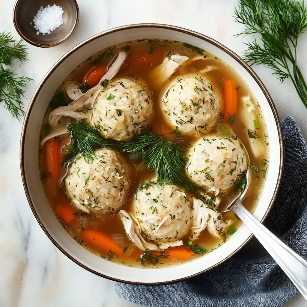 Un plato de caldo de pollo con cuatro bolas de matzo, pollo desmenuzado, zanahorias y eneldo fresco.
