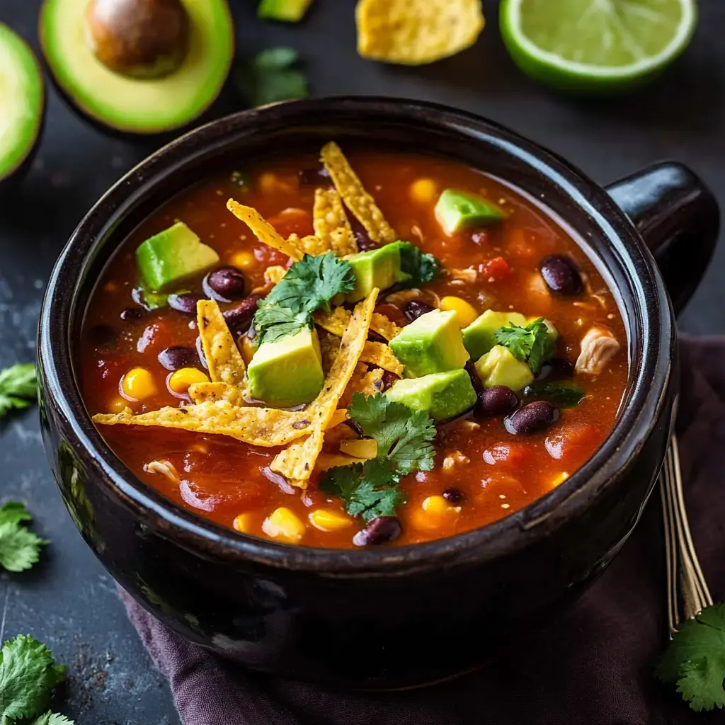 Un cuenco caliente de guiso adornado con aguacate, tiras de tortilla y cilantro, rodeado de mitades de aguacate y rodajas de lima.