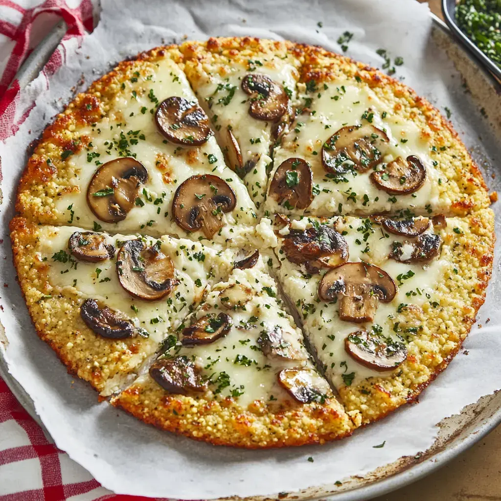 Una pizza recién horneada con queso fundido, champiñones en rodajas y hierbas, cortada en ocho porciones triangulares.