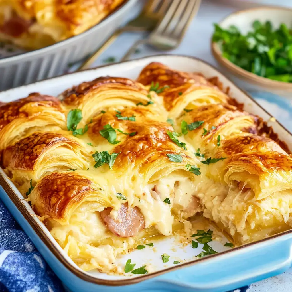 Un plato recién horneado con croissants dorados, relleno cremoso y rebanadas de jamón, decorado con perejil.