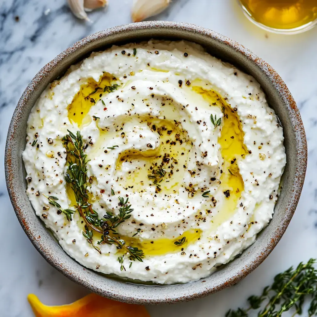 Un cuenco de dip blanco cremoso con aceite de oliva, pimienta negra y tomillo fresco, rodeado de dientes de ajo y un vaso de aceite de oliva.