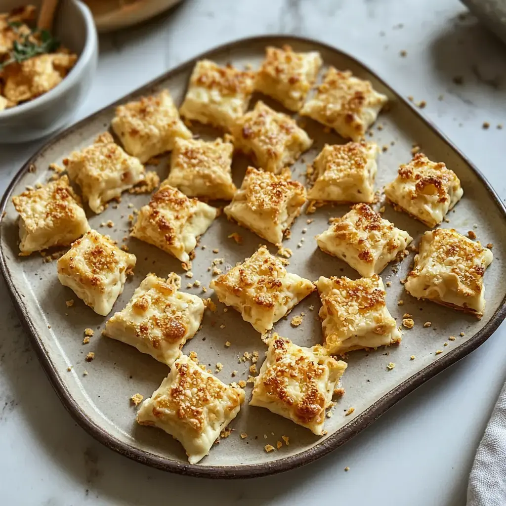 Un plato de bocaditos dorados horneados y crujientes.
