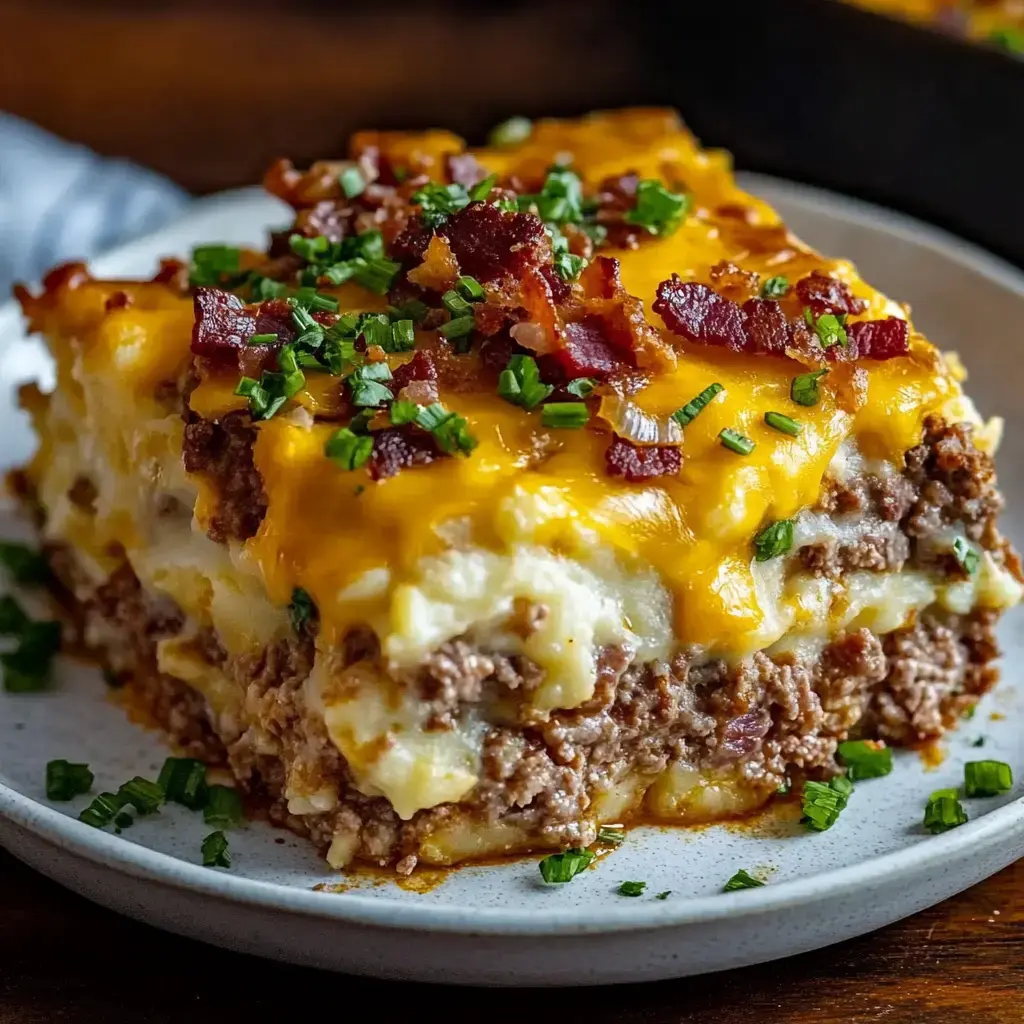 Una generosa porción de cazuela de carne y puré cubierta con queso cheddar derretido, tocino crocante y cebollines picados en un plato blanco.
