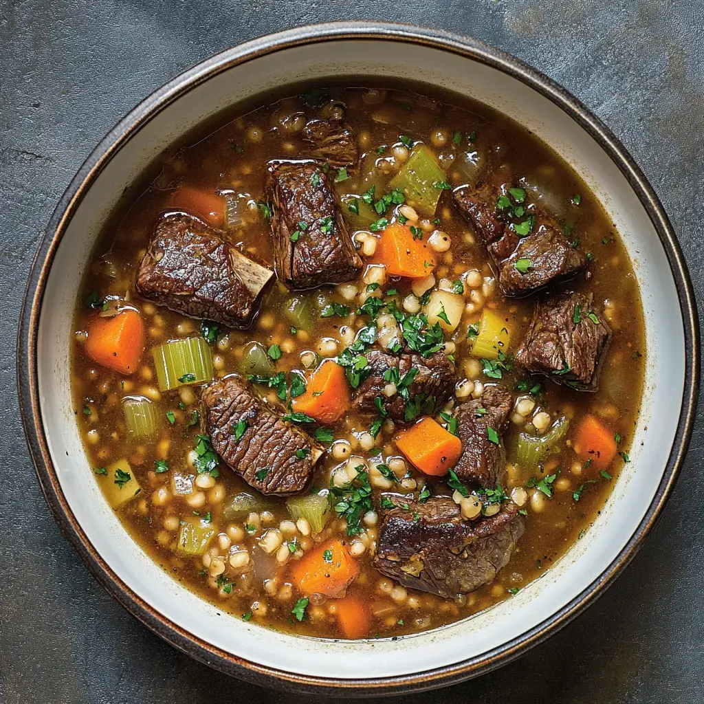 Un tazón de sopa sustanciosa con carne, zanahorias, apio y cebada, adornado con perejil fresco.
