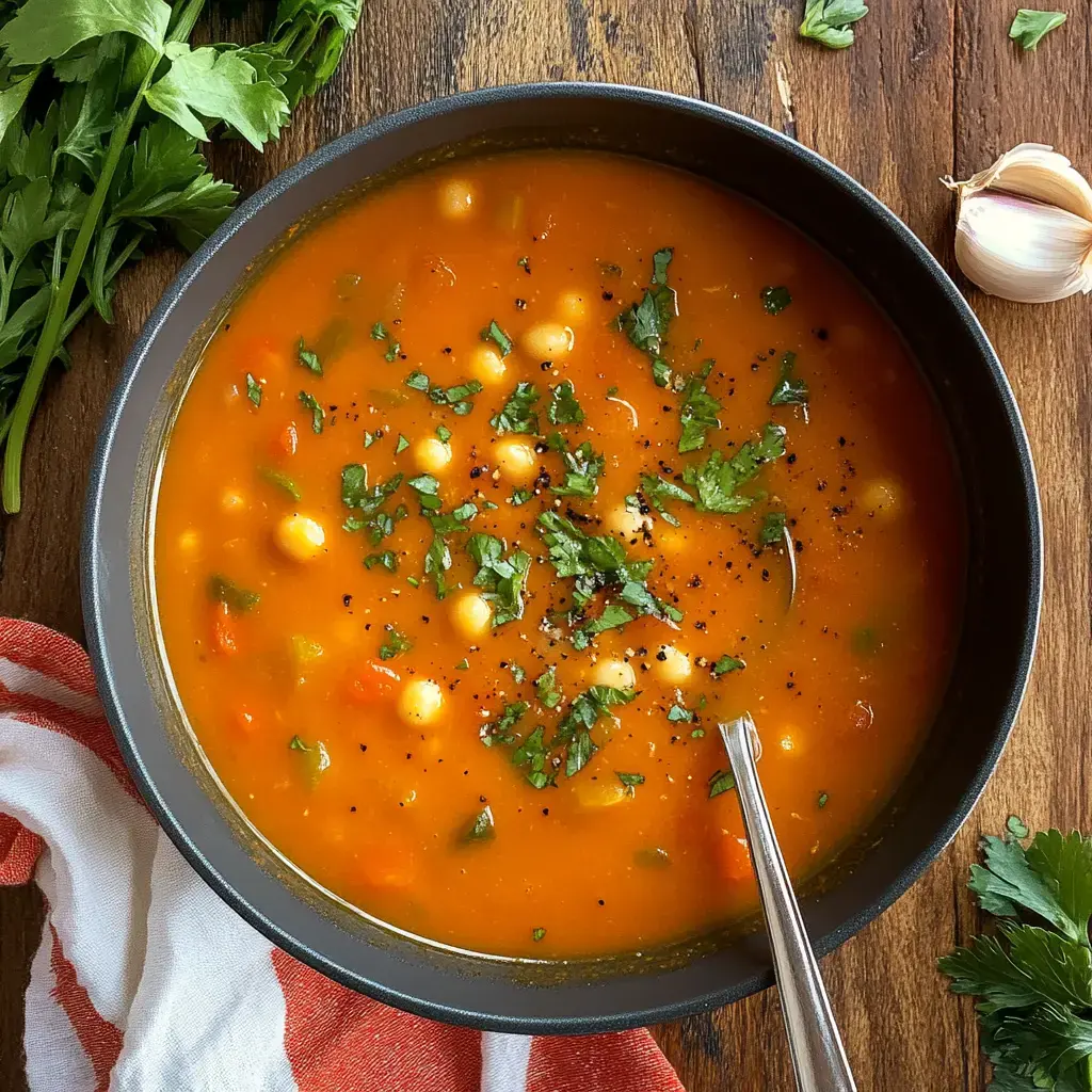 Un cuenco de sopa naranja vibrante adornado con cilantro picado y pimienta negra, rodeado de ajo fresco y perejil sobre una mesa de madera.