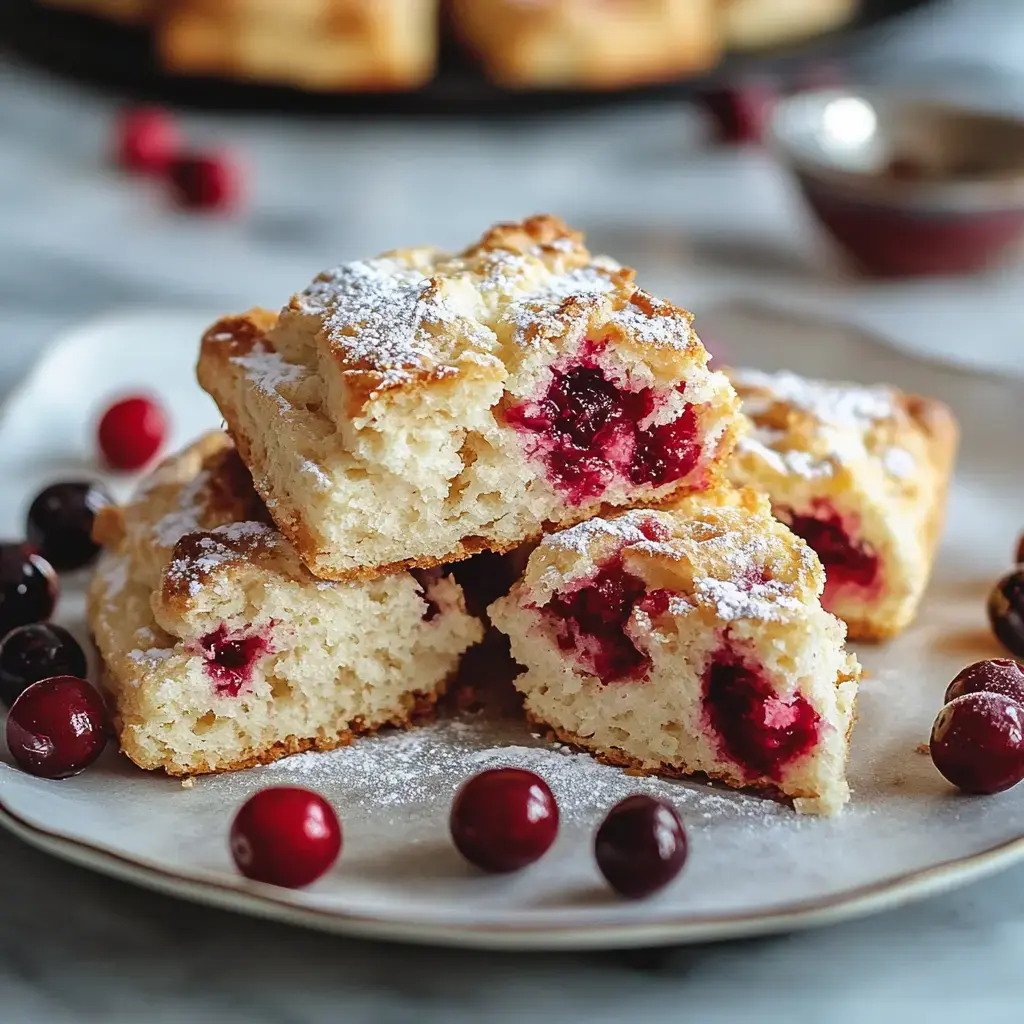 Un plato con recién horneados scones de arándano espolvoreados con azúcar glass, rodeados de algunos arándanos frescos.