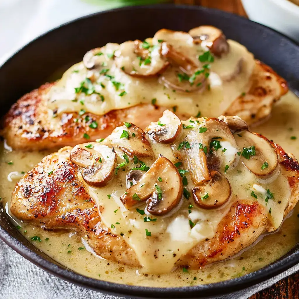 Un primer plano de dos pechugas de pollo cocidas cubiertas con queso derretido, champiñones salteados y perejil, servidas en un sartén de hierro fundido.