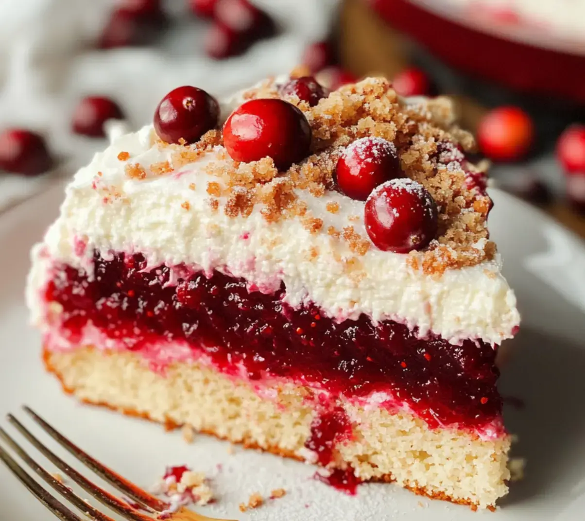 Una porción de tarta con capas de relleno de arándanos, nata montada y decorada con arándanos rojos y migas.