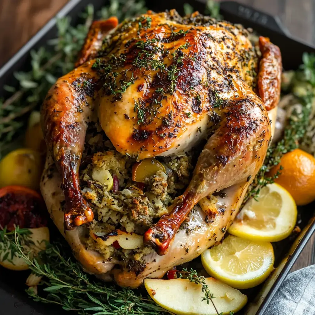 Un pavo perfectamente asado relleno de guarnición, decorado con rodajas de limón y hierbas, presentado en una bandeja de servir.