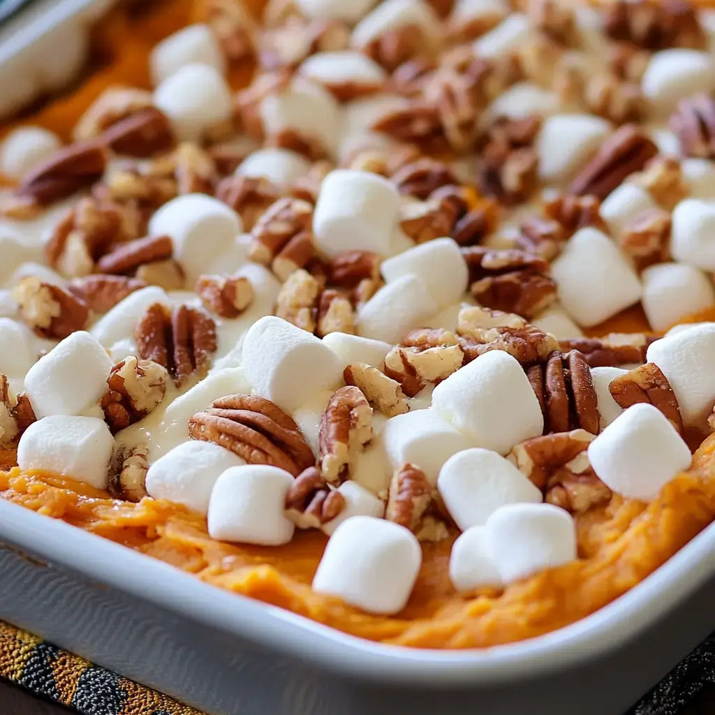 Un primer plano de un plato con batatas cubiertas de nubes esponjosas y nueces picadas.