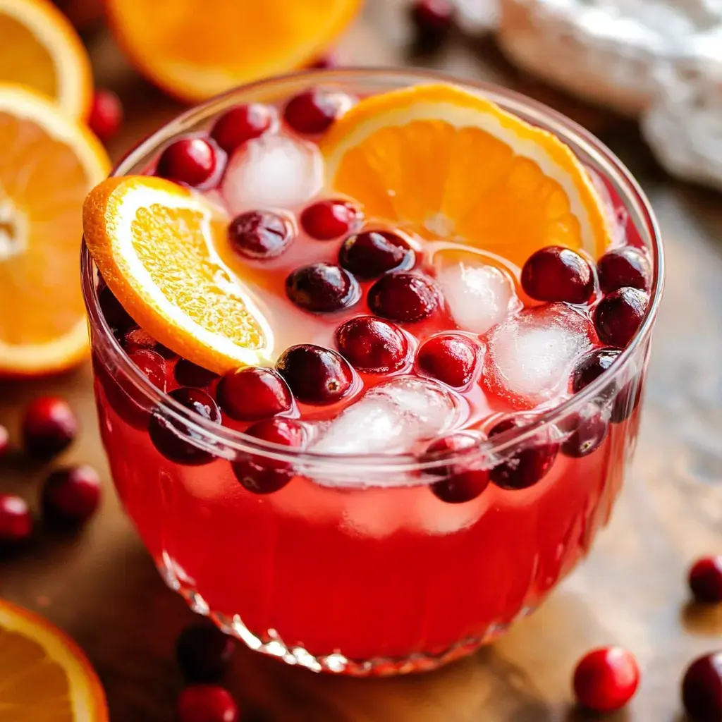 A refreshing red drink garnished with orange slices and floating cranberries, served over ice.