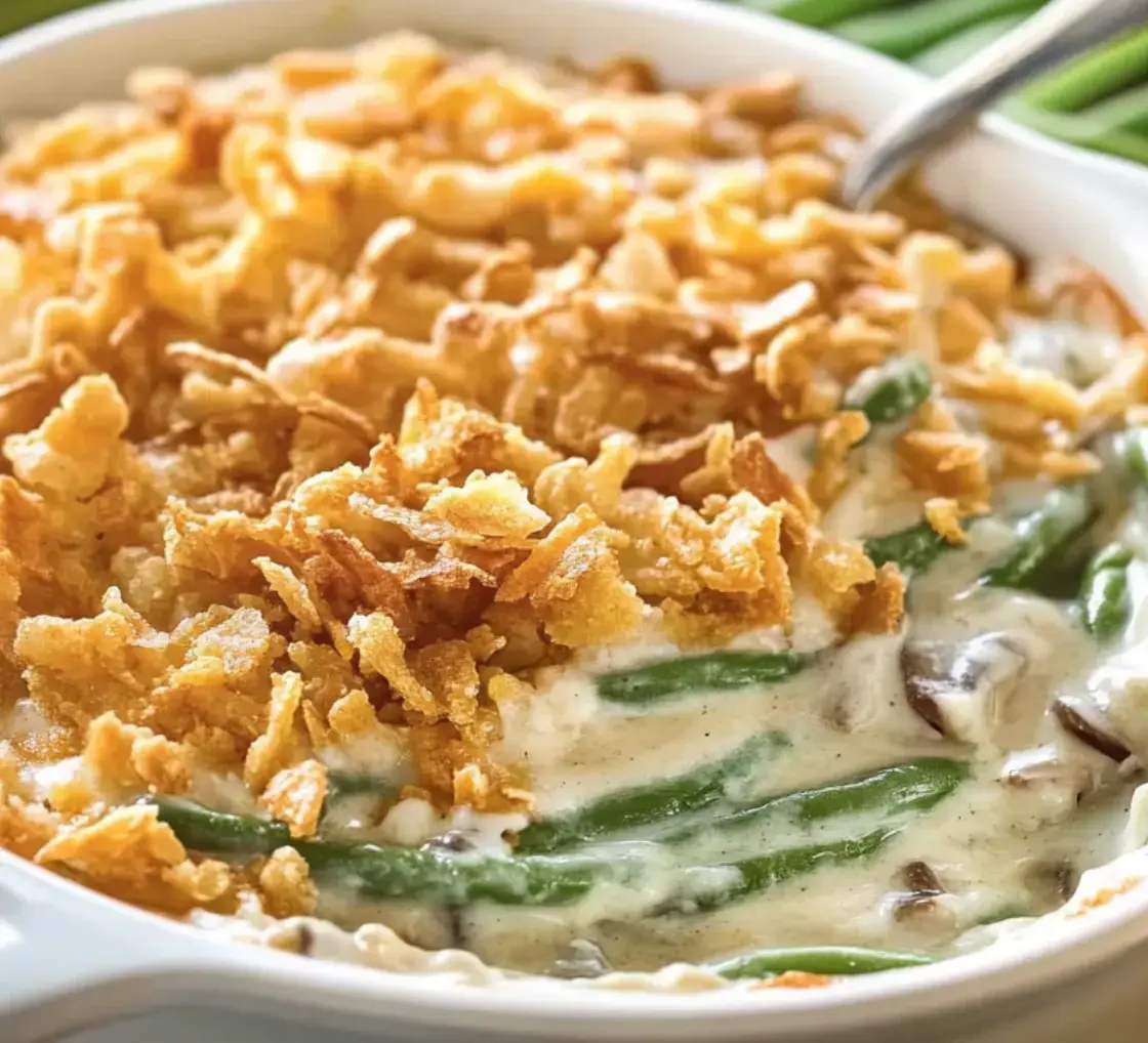 Un guiso cremoso de judías verdes cubierto con cebollas fritas crujientes en un plato blanco.